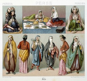 Kvinnemåltid og kvinnekostymer i Persia - i "" Den historiske drakten"" av Racinet av Unknown artist