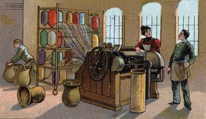 Ullindustri, kjemming. Kromolitografi fra slutten av 1800-tallet av Unknown artist