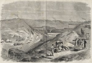 Arbeid på Suez-kanalen 1864 - Byggeplass og borearbeid på Suez-kanalen i 1864 (Chaluf Tranchee) - av Unknown artist