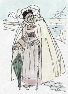 Første verdenskrig: en tysk spion forkledd som en gammel kvinne fra vendea, med et paraplysteleskop og en stokk som tar fotografier av Unknown Artist