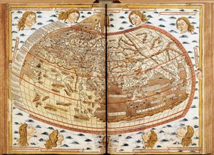 Verdenskart over Claude Ptolemee Menneskehodene som blåser luft representerer de forskjellige vindene (hvis navn er angitt). I latinsk geografi. til den mest salige far Paul II, Storpaven. Nicholas sine gaver." Geografimanuskript dedikert til pave Paul II. av Unknown artist