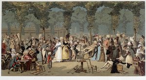 Verdensvandring gjennom hagen til det kongelige palasset, sent på 1700-tallet - kromo etter graveringen av Debucourt av Unknown artist