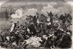 Yori Omo og en samurai-hær frastøter invasjonen av mongolene i 1274 ledet av Qubilai (Kubilai Khan, første keiser av det mongolske Yuan-dynastiet (1215-1294), men tyfoner (kami kaze: gudenes vind) avviser og kantre mongolerne flåten, sparer Japan av Unknown artist