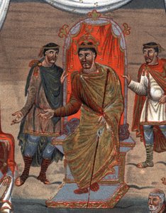 detaljer om: Charles II the Bald (823 - 877), konge av Frankrike som mottar en delegasjon av munker fra Tours.Fac-Simile i kromolitografi fra 1800-tallet etter en miniatyr fra det X. århundre bevart på B.N. av Paris. av Unknown artist