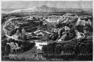 generell utsikt over akklimatiseringshagen til Bois de Boulogne tilbudt og innviet av Napoleon III i 1860, og kombinerer natur, frodig flora og eksotiske dyr, i "" l