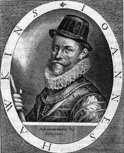 portrett av Sir John Hawkins (Hawkyns) engelske admiral (1532-1595), kjent for å være den første som handlet med svart, foretok han flere turer, finansielt av London-kjøpmenn, mellom Afrika og Amerika. Gravering fra 1620. av Unknown artist