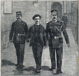 the Italian anarchist Luigi Luccheni (Lucheni) assassin of the Impress Elizabeth of Austria (Sissi) brought to the Court of Justice in 1898. av Unknown artist