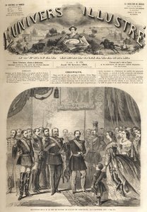 the visit of William, the king of Prussia, to Napoleon III, the emperor of the French, at Compiegne, France 1861 - Visit of William I of Prussia (1797-1888) to Compiegne en presence of Napoleon III - Engraving from “” The Illustrous Universe” av Unknown artist