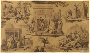Tegning, tegneserie for trykt bomullstekstil: Franskmennene i Egypt [Les Francais en Egypte], ca. 1815 av Unknown artistUnknown artist