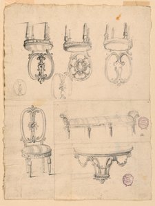 Tegning, stoler og arkitektoniske skisser, 1785–1795 av Unknown artistUnknown artist