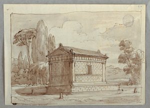 Tegning, klassisk tempel i et landskap, ca. 1805