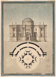 Tegning, design for et klassisk tempel med en tempietto og en halvsirkelformet aedicule, ca. 1780