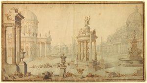 Tegning, scenografi: Arkitektonisk fantasi, tidlig 1700-tall av Unknown artistUnknown artist