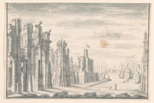 Tegning, scenografi, utsikt over byen og havnen, tidlig på 1700-tallet