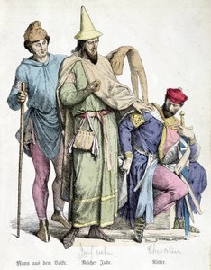 1000-tallsdrakter: Mannen med stokken, den rike jøden og ridderen. Gravering fra 1800-tallet. av Unknown artist