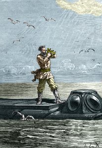 20 000 ligaer under havet. Kaptein Nemo på ubåten "Nautilus". Illustrasjon fra romanen av Jules Verne "Tjue tusen ligaer under havet" (tjue tusen - 20 000 - 20 000)