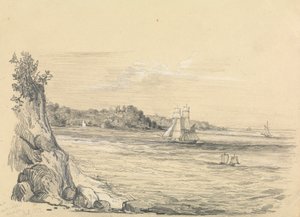 En kystlinje med skip til sjøs av Unknown artist