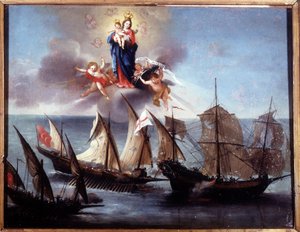 En Genova-båt angrepet av en galiot og en barbarisk halvbysse. Ex-voto 1796. Sjømuseet i Genova-Pegli. av Unknown artist