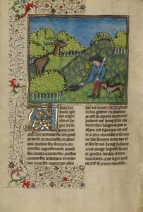 En jeger og en hund undersøker et hjortes spor av Unknown artist