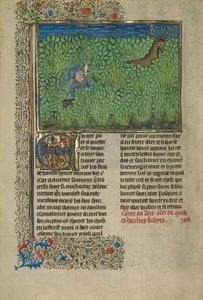 En jeger og en hund som sporer i et kratt av Unknown artist