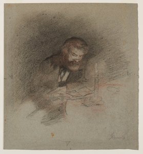En mann som leser i stearinlysets lys av Unknown artist
