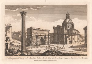 Et perspektivbilde av St. Martins kirke, også buen til Neptimius Severus i Roma. av Unknown artist