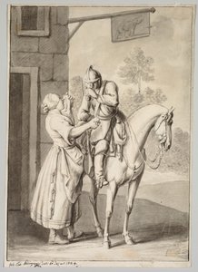 En soldat i rustning foran en taverna av Unknown artist