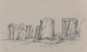 En utsikt over Stonehenge med to figurer i forgrunnen av Unknown artist