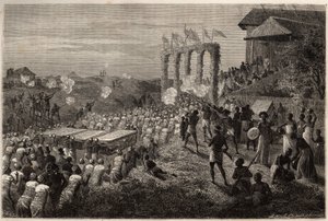 En brudekortege i Tete (Mosambik). Gravering for å illustrere Dr. Livingstones første reiser til Sør-Afrika fra 1840 til 1856, i «Le tour du monde, nouveau journal des voyages»» publisert under ledelse av Edouard Charton av Unknown artist