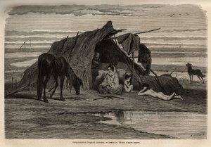 En leir av nomadiske sigøynere på slettene i Nord-Bosnia. Gravering for å illustrere minnene om reiser blant de sørlige slaverne, av Georges Perrot, i 1868, utgitt i "" Le tour du monde"" 1870-1871, redigert av Edouard Charton, utgave Hachette, Pari av Unknown artist