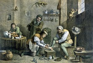 En landlege som tar seg av en av pasientene sine. av Unknown artist