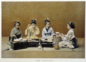 En spisestue i Japan: kvinner som spiser ris med spisepinner og en av dem serverer te - n.d. slutten av 1800-tallet av Unknown artist