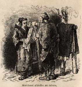 En forhandler av rabattklut lager artikkelen til en ung kvinne som bærer sin pjokk på ryggen. Gravering for å illustrere reisen til Japan, av Aime Humbert, minister for det sveitsiske konføderasjonen, i 1863-1864, publisert i "" le tour du monde", under re av Unknown artist