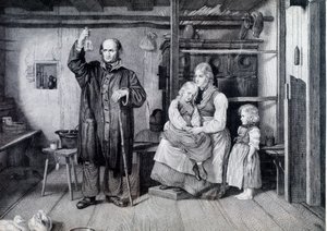En lege som undersøkte en flaske, sannsynligvis et hetteglass med urin, under et besøk hos en mor og hennes to barn som lever i fattigdom (gravering) av Unknown artist