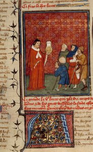 En lege undersøker en krukke med urin foran pasienter. Miniatyr hentet fra den engelske Barthelemy av Unknown artist