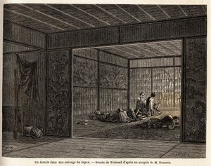 En sovesal på et vertshus i Japan. Gravering for å illustrere reisen til Japan i 1863-1864, av Aime Humbert, minister for det sveitsiske konføderasjonen, i "Le tour du monde, nouveau journal des voyages", utgitt under ledelse av Edouard Charton av Unknown artist