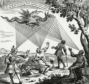 En drage sett fra forskjellige synsvinkler, basert på en kobbergravering av Zahns "Oculus artificialis teledioptricus". av Unknown artist