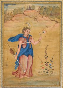 En kvinneskikkelse som står i et landskap og holder en firstrenget "khuuchir" og en lotus av Unknown artist