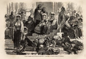 En gruppe bønder og gjetere samles til feiringen av den hellige uke på trappen til St. Peter i Vatikanet. Gravering for å illustrere historien om den hellige uke i Roma, i 1863, av Ludovic Celler, i «Le tour du monde, nouveau journal des voyages»» av Unknown artist