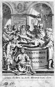 En lecon of anatomy Frontispice henter fra "Anatomia Reformata"" av Thomas Bartholin (1616-80) (Bartholinus) 1677 av Unknown artist