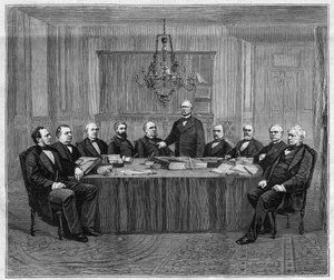 A meeting of the Council of Ministers in Versailles. From left to right: Louis Buffet (1818-1898), Minister of the Interior; Leon Say (1826-1896), Minister of Finance; Henri Wallon (1812-1904), Minister of Public Instruction, Worship and Fine Arts; Alfred  av Unknown artist