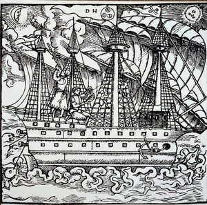 En navigatør på en portugisisk karavel ved hjelp av en astrolabium. Gravering fra reisehistoriene til den tyske navigatøren Hans Staden (1525-1579) av Unknown artist