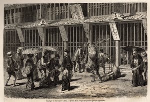 En apotekbutikk i Yedo (eller Edo, dagens Tokyo), farmasøyten jobber med hans hjelp foran øynene til publikum, beskyttet av et trelakkgitter, foran hvilket lekterne venter på gaten for å bli servert og deretter betale ved å sende pengene igjennom av Unknown artist