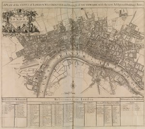 En plan over byen London, Westminster, bydelen Southwark og Themsen av Unknown artist