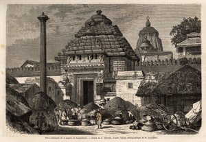 En populær tur foran hovedporten til Djaghernaut-pagoden (bygget rundt 1200), en hellig by og pilegrimsmål i det sørlige Bengal. Gravering for å illustrere reisen i meridionalprovinsene i India, av Alfred Grandidier, i 1862-1864, publiser av Unknown artist