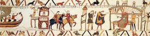 En scene fra Bayeux-teppet som viser kong Edward som snakker med Harold av Unknown artist