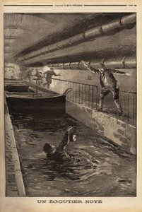 En segutter fra Paris druknes ved å rense en fanous avledning. Gravering i "" Le petit journal"" 15.9.1899. Selva samling. av Unknown artist