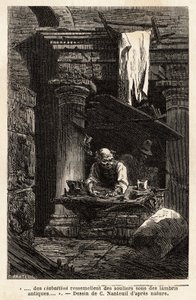 En skomaker, som opprettet butikken sin og jobber i gamle ruiner. Engravure pour illustrrer le voyage à Rome, av Francis Wey, i 1864-1868, publisert i "" Le tour du monde""" 1869, redigert av Edouard Charton, utgave Hachette, Paris. Selva samling. av Unknown artist
