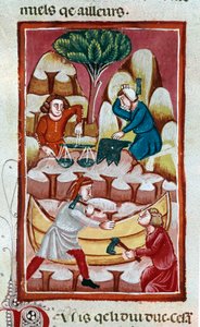 En handelsmann som bruker en vekt, en smed som slår på en ambolt, to arbeidere som jobber på en båt på et verft. Miniatyr hentet fra "" The Facts of the Romans""" Venezia fra 1200-tallet, biblioteca Marciana av Unknown artist