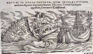 En hval forvekslet med en øy. To personer tenner bål på baksiden av et marinemonster. Gravering n Historia Animalium av Conrad Gesner (1516-1565), Tiguri av Unknown artist